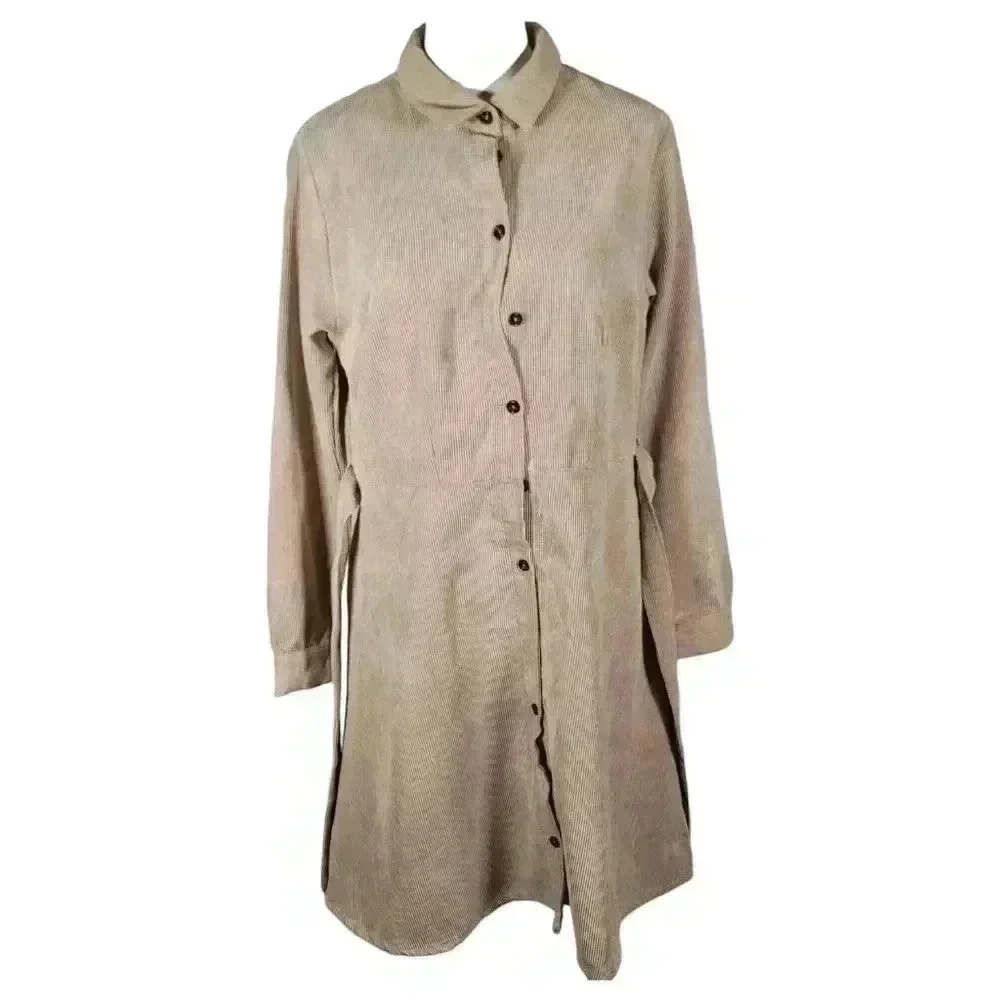 Love Crazy Corduroy Button Down Belted Long Sleeve Dress Tan Size M Winter Fall - Picture 7 of 11